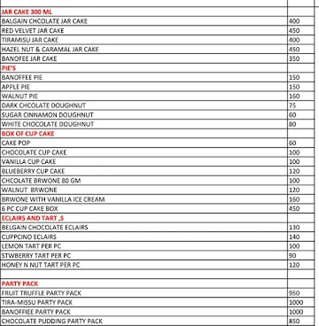 The Cake Delight menu 