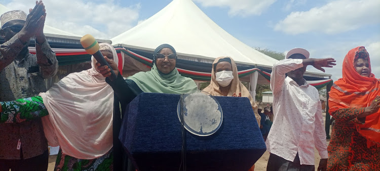 Ijara MP Sophia Abdi Noor speaking in Botahi on Tuesday.