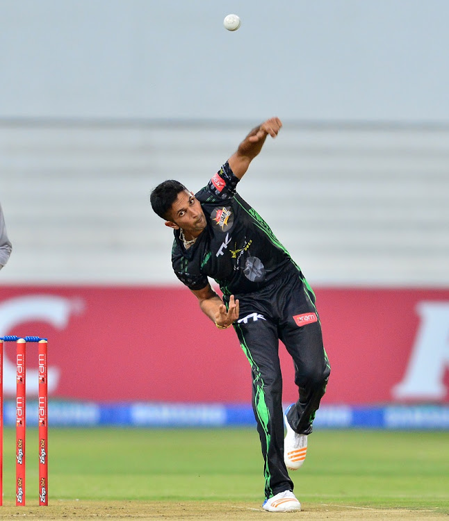 Keshav Maharaj of the Dolphins bowls during the 2017 T20 Ram Slam match between Dolphins and Cobras at Sahara Stadium Kingsmead, Durban on 01 December 2017.