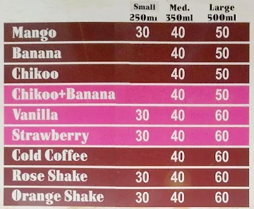 Vinod Juice & Shake menu 