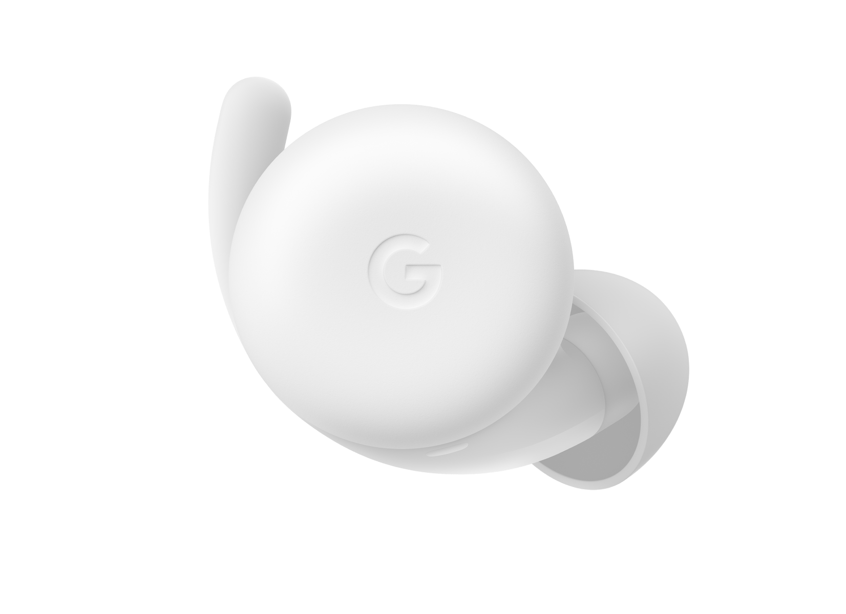 Front-view of a Pixel Buds a series earbud in clearly white