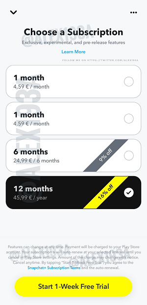 The 4 subscription options for Snapchat +.