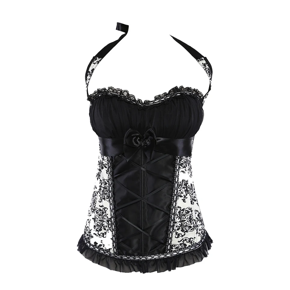 Dames kanten halternek corset van bedrukte chiffon. Accentueer uw figuur met dit stijlvolle corset, perfect voor een elegante en vrouwelijke uitstraling.