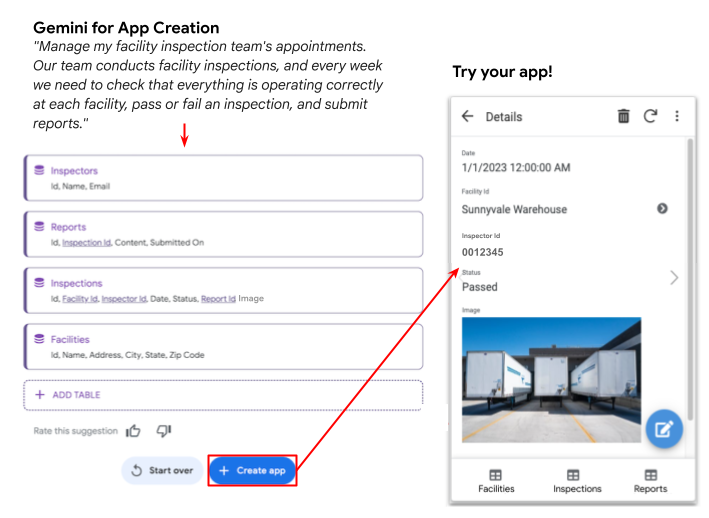 Gemini in AppSheet creates app structure that you use to create an app