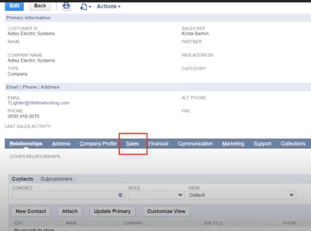 Clicking on the sales subtab from customer records within NetSuite. 