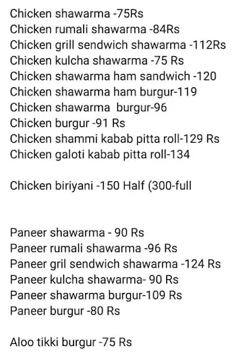 Shawarma Sahab menu 