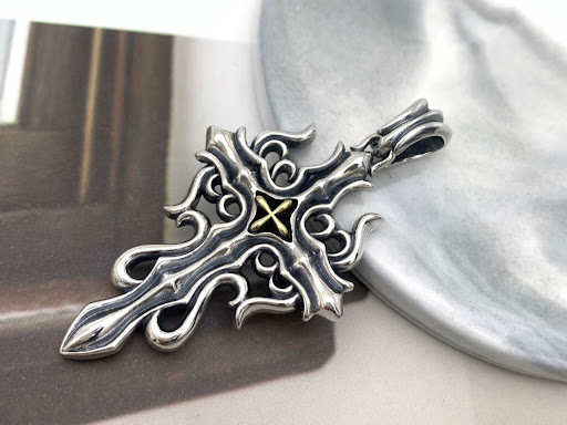 Title 2, Blue Diamond Flame Cross Flower Pendant for Men...