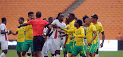 A scuffle that led to Bongani Zungu of South Africa being sentoff during 2018 World Cup qualifier football match between South Africa and Burkina Faso on the 7 October 2017 at Soccer City, Johannesburg. 