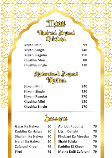 Shahi Biryani menu 