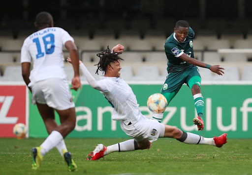 Tshepang Moremi of AmaZulu is challenged by Luke Fleurs of Supersport United in the DStv Premiership match at Kings Park in Durban on September 14 2021.