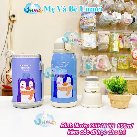 Bình Nước Giữ Nhiệt 2 Nắp Kèm Cốc Cho Bé Mang Đi Học Dung Tích 600Ml