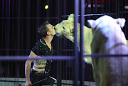 Handler Quinton Louw interacts with the lions during the Mclaren show in Muizenberg.