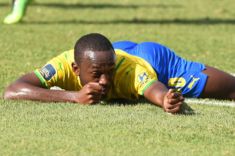 Peter Shalulile of Mamelodi Sundowns celebrates his goal in the DStv Premiership match against Golden Arrows at Loftus Versfeld in Pretoria on April 12 2022.