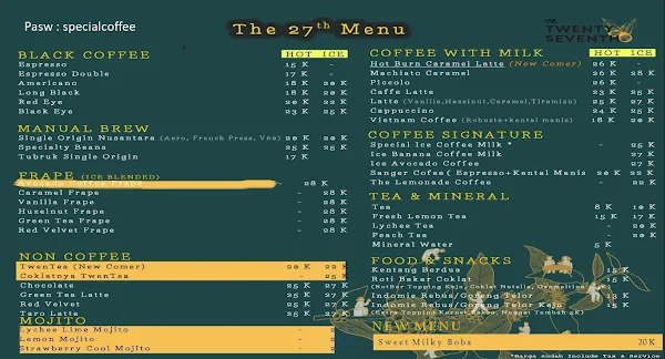 Twenty Seventh Coffeeshop menu 