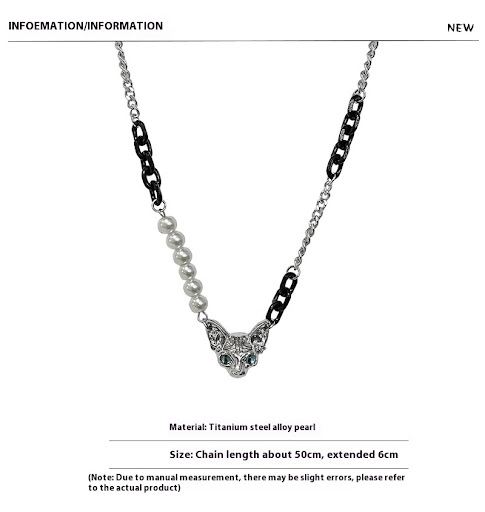 Title 7, Black Chain Stitching Pearl Cat Necklace. Enhan...