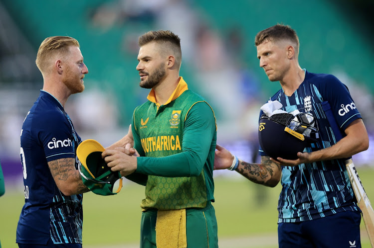 England's Ben Stokes is congratulated on his ODI career by SA's Aiden Markram and teammate and Gqeberha-born Brydon Carse at Riverside Ground, Chester-le-Street on July 19, 2022