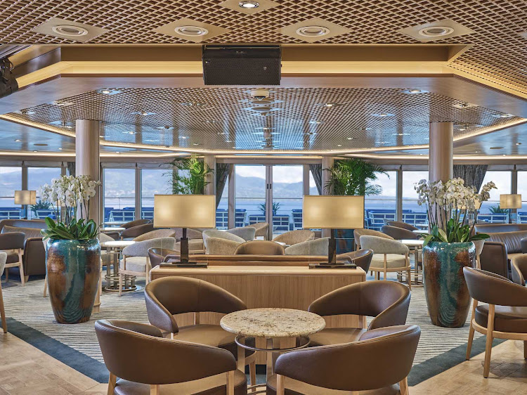  The interior of the peaceful Panorama Lounge on Silversea’s Silver Moon. 