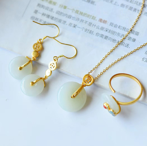 Title 6, Hetian Jade Safe Buckle Earrings Pendant Ring R...
