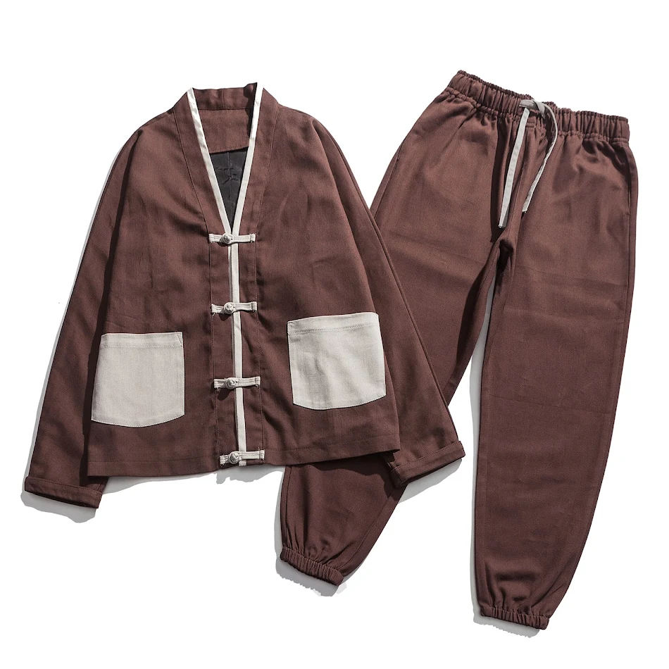 Autumn new men's color matching kimono retro Hanfu plate buckle jacket suit men's casual pants large size set of tide