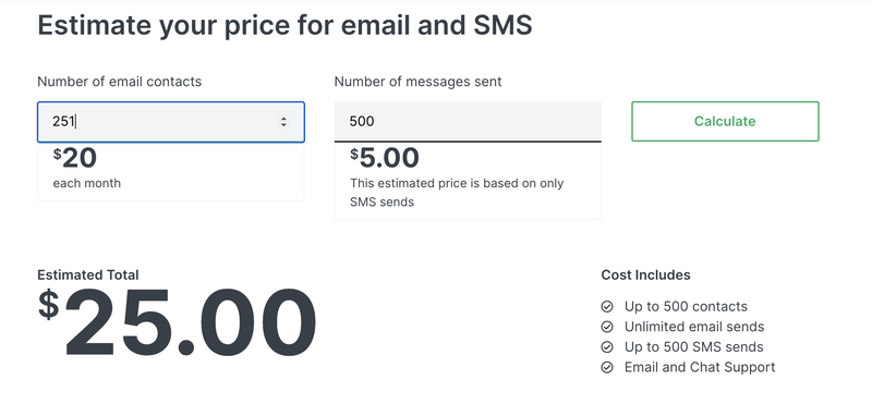 A screenshot of Klaviyo’s monthly pricing breakdown.