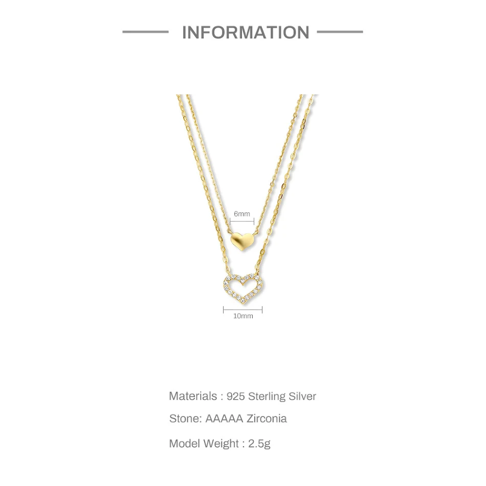 Sterling zilveren ketting met dubbel hol hart en diamant. Een elegant sieraad voor vrouwen.