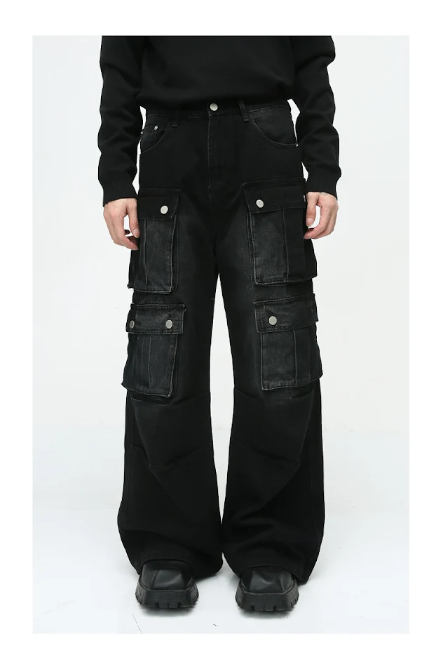 Novo nicho retrô com vários bolsos com ferramentas de design jeans de perna larga