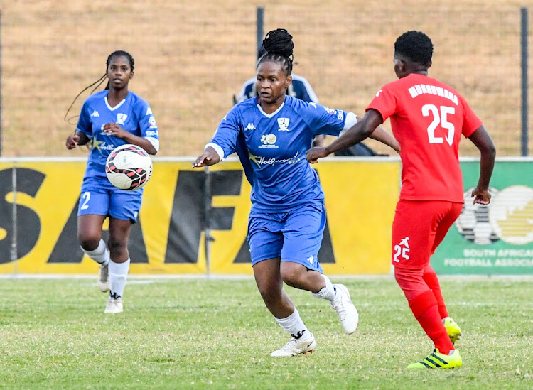 Amanda Dlamini of JVW with possession during the Hollywoodbets Super League match between JVW FC and TUT FC at Randburg Ground on May 22, 2021 in Johannesburg, South Africa.