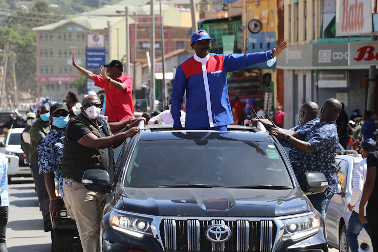 Wiper leader Kalonzo Musyoka and Kanu leader Gideon Moi on Saturday at Mulu Mutisya Grounds in Machakos.