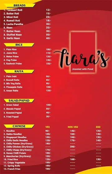 Tiara's Restaurant menu 