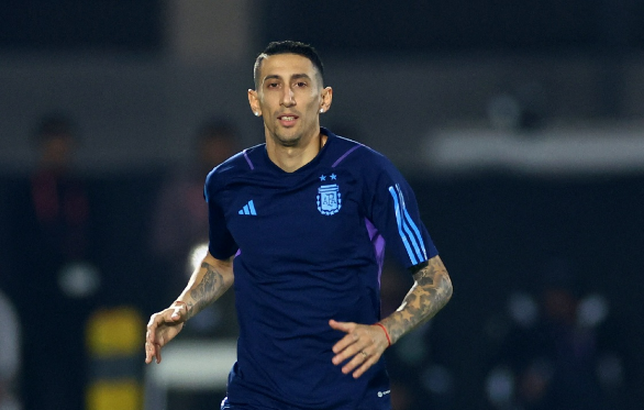 Angel Di Maria during training Argentina's training at Qatar University Training Site 3 in Doha, Qatar on December 17 2022. Di Maria has been included in the starting XI for Sunday's World Cup final against Argentina.