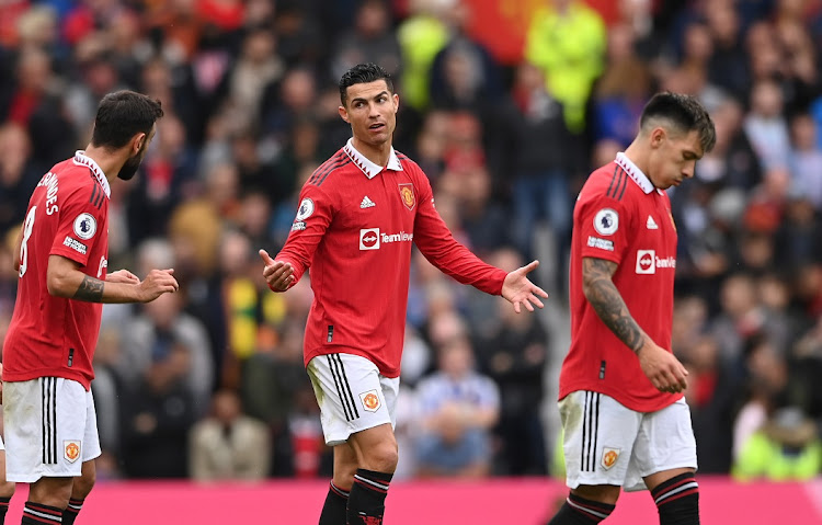 Cristiano Ronaldo and Bruno Fernandes of Manchester United interact during the Premier League match against Newcastle United at Old Trafford on October 16 2022.