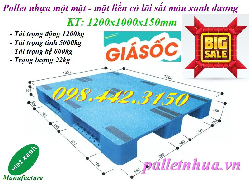 Pallet nhựa 1200x1000x150mm mặt liền màu xanh