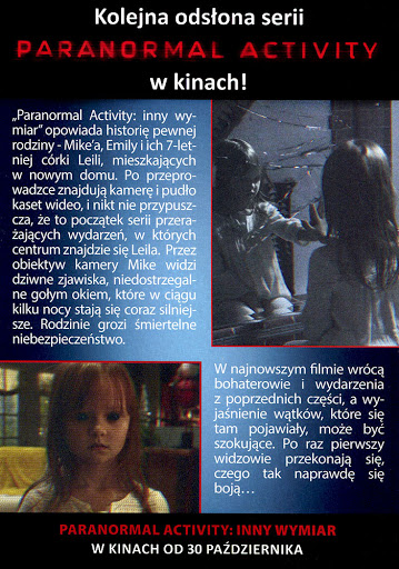 Tył ulotki filmu 'Paranormal Activity: Inny wymiar'