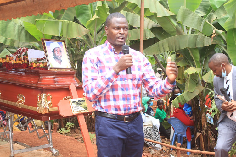 Kiharu MP Ndindi Nyoro during the burial of James Mwangi Mburu who was violently murdered last week at Muchungucha village.