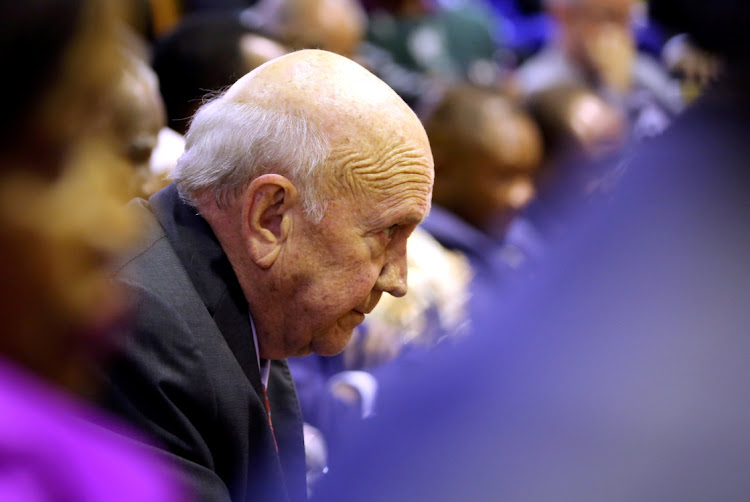 Former president FW de Klerk apologised for his role in apartheid. File Photo.