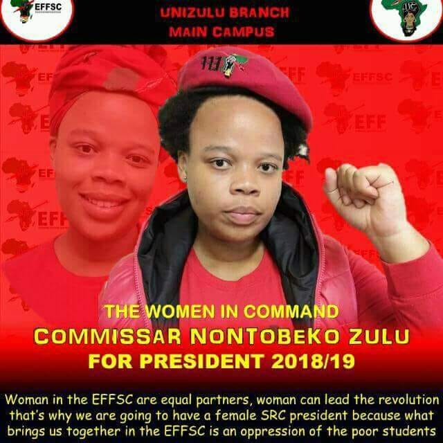 EFFSC leader Nontobeko Zulu was elected SRC president at the University of Zululand in October, along with eight other EFFSC members, who were elected on to the 15-person council.