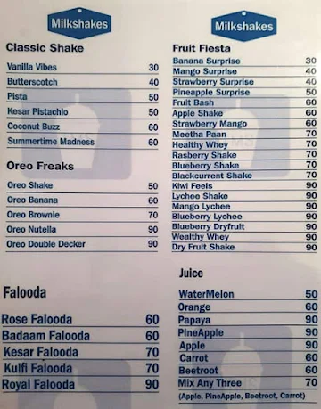 The Milkshake Stop menu 