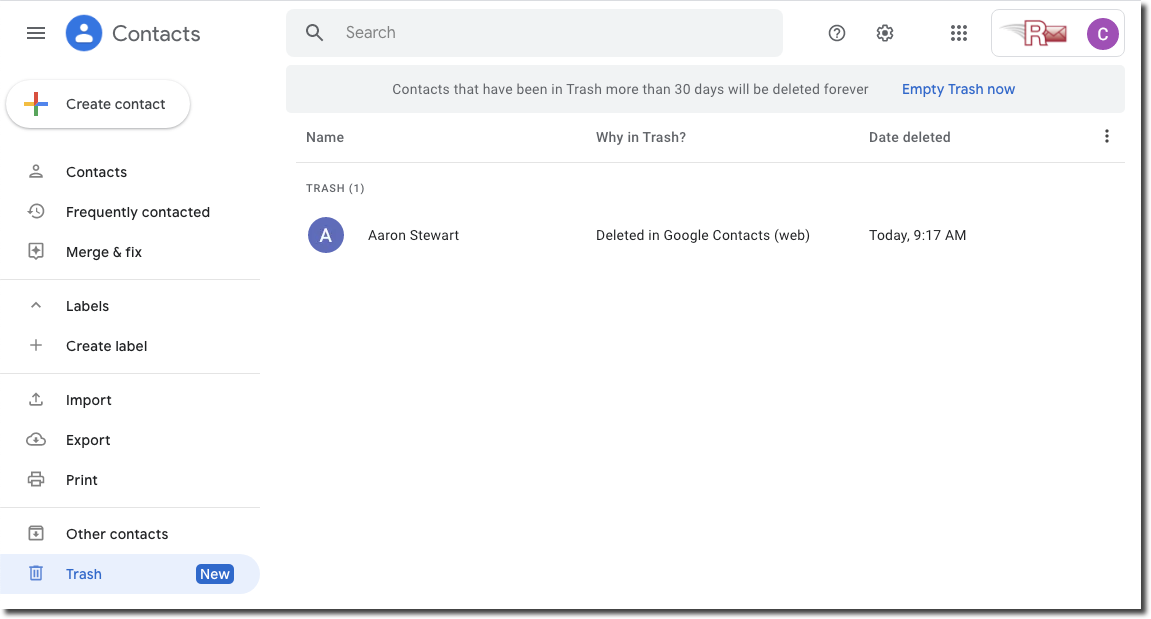 Screenshot of Google contacts screen