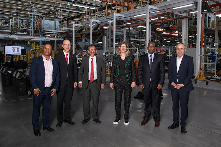 Nelson Mandela Bay mayor Gary van Niekerk; German ambassador to South Africa Andreas Peschke; minister of trade, industry and competition Ebrahim Patel; Volkswagen Group Africa chairperson and MD Martina Biene; Eastern Cape premier Lubabalo Mabuyane; Volkswagen Group Africa production director Ulrich Schwabe.