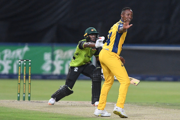 Lions seamer Tshepo Moreki appeals as Warriors batsman Andile Mogakane turns down a run during the CSA T20 Challenge match at the Wanderers Stadium on March 27, 2024