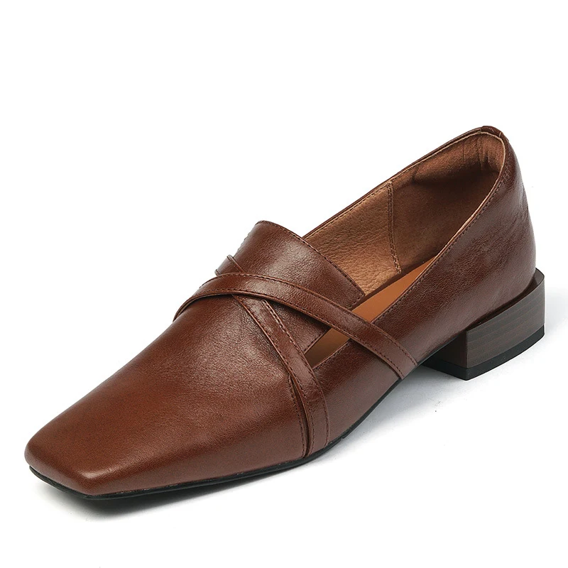 Britse dames leren schoenen met gekruiste band, platte vierkante neus, stijlvol en elegant voor de universiteit.