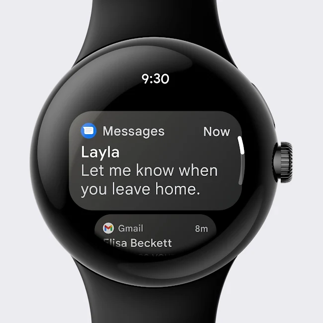 The Google Pixel Watch displays a text message