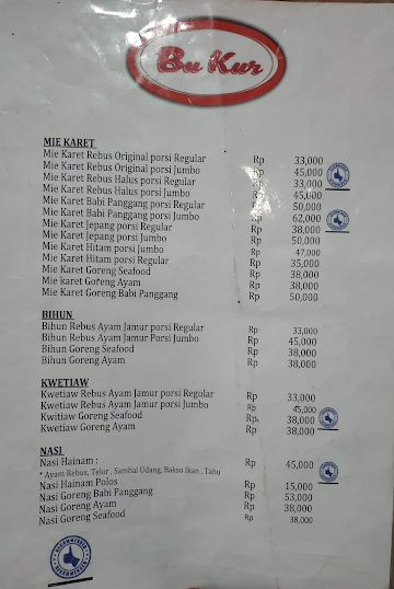 Bakmi Karet Bu Kur menu 