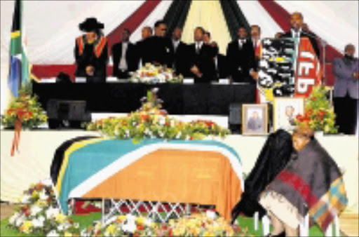 LAST RITES: IFP and ANC leaders, among them Mangosuthu Buthelezi and Sbu Ndebele, paid their last respects to Celeni Mthethwa, who contributed to bringing political stability to KwaZulu-Natal. Pic. Siyabonga Mosunkutu. 26/07/08. © Sowetan.