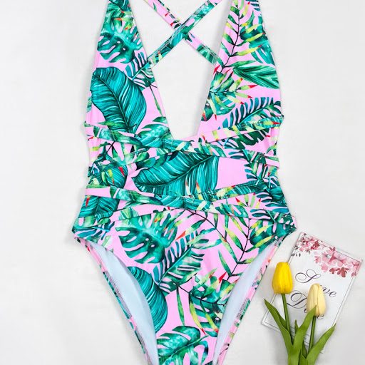 Title 2, Womens Deep V Sexy One-Piece Printed Swimsuit....