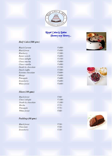 Royal Cakes & Bakes menu 