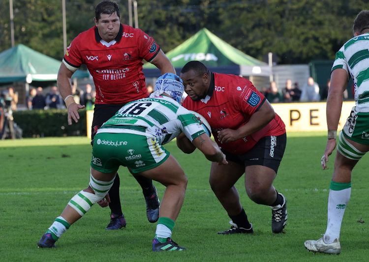 Lions prop Asenath Ntlabakanye takes on Gianmarco Lucchesi of Benetton during the United Rugby Championship match at Stadio Comunale di Monigo on November 5 2023 in Monigo, Italy. Picture: ROBERTO BREGANI/GALLO IMAGES