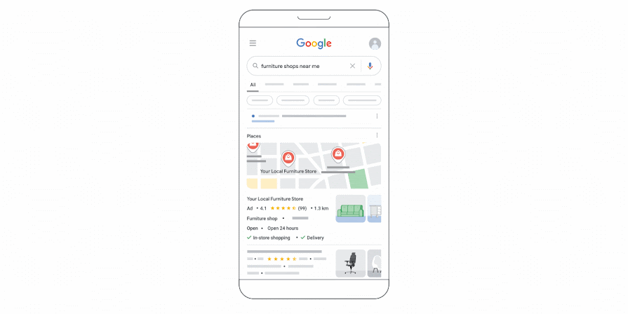 An animation demonstrating how a user tapping on the Call or Directions buttons in Search report as local action conversions in Google Ads.