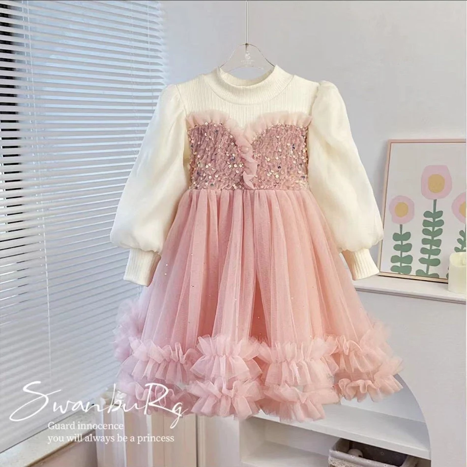 Vestido princesa de outono e inverno com forro de lã, espesso e quente. Ideal para meninas, conforto e elegância garantidos.