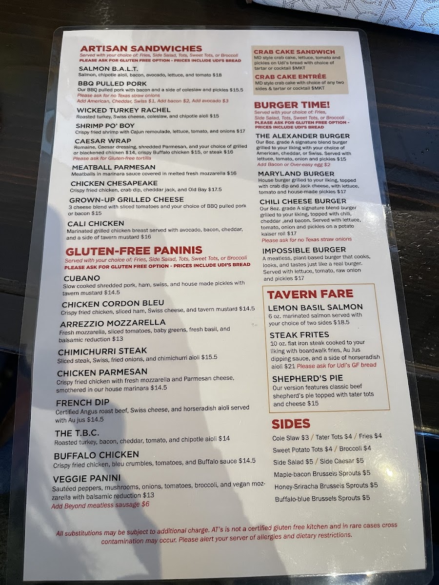 Alexander's Tavern gluten-free menu